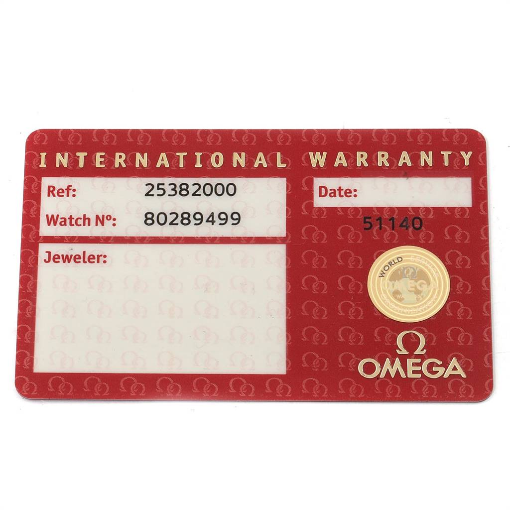 This image shows an Omega Seamaster 2538.20.00 Men's Stainless Steel White Dial 2538.20.00 Men's Stainless Steel White Dial International Warranty card with the reference number, watch serial number, date, and space for the jeweler's information.