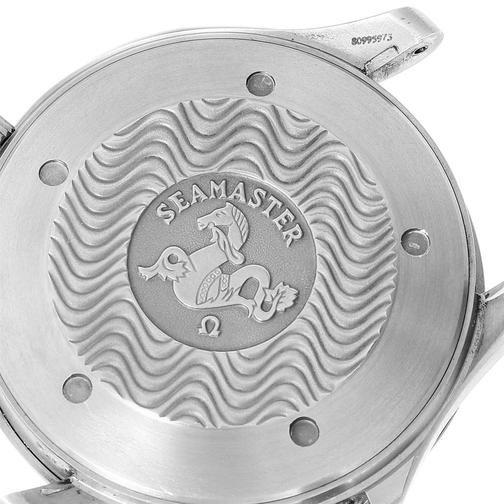 This image shows the case back of an Omega Seamaster 2231.50.00 Men's Titanium Black Dial 2231.50.00 Men's Titanium Black Dial watch, featuring its engraved logo and wavy pattern.