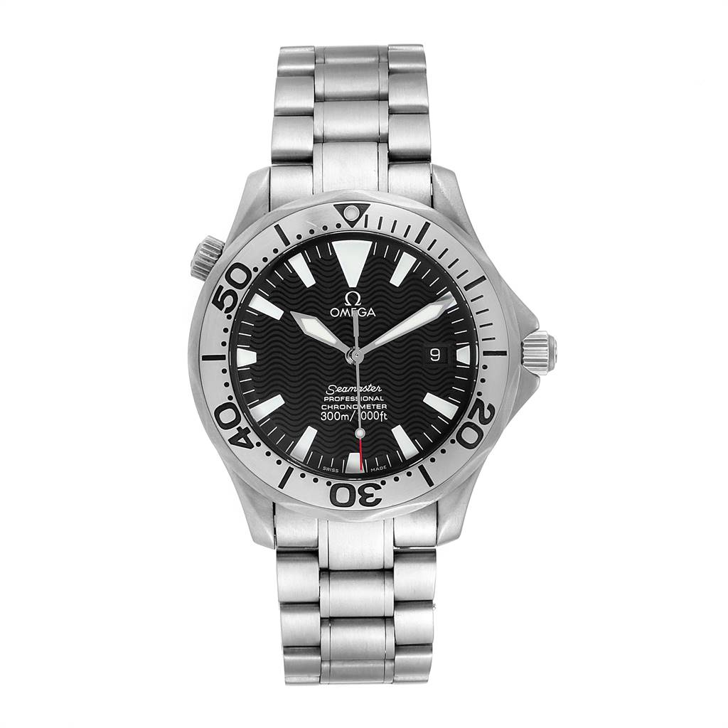 The image shows a front view of the Omega Seamaster 2231.50.00 Men's Titanium Black Dial 2231.50.00 Men's Titanium Black Dial watch, highlighting the dial, bezel, and bracelet.