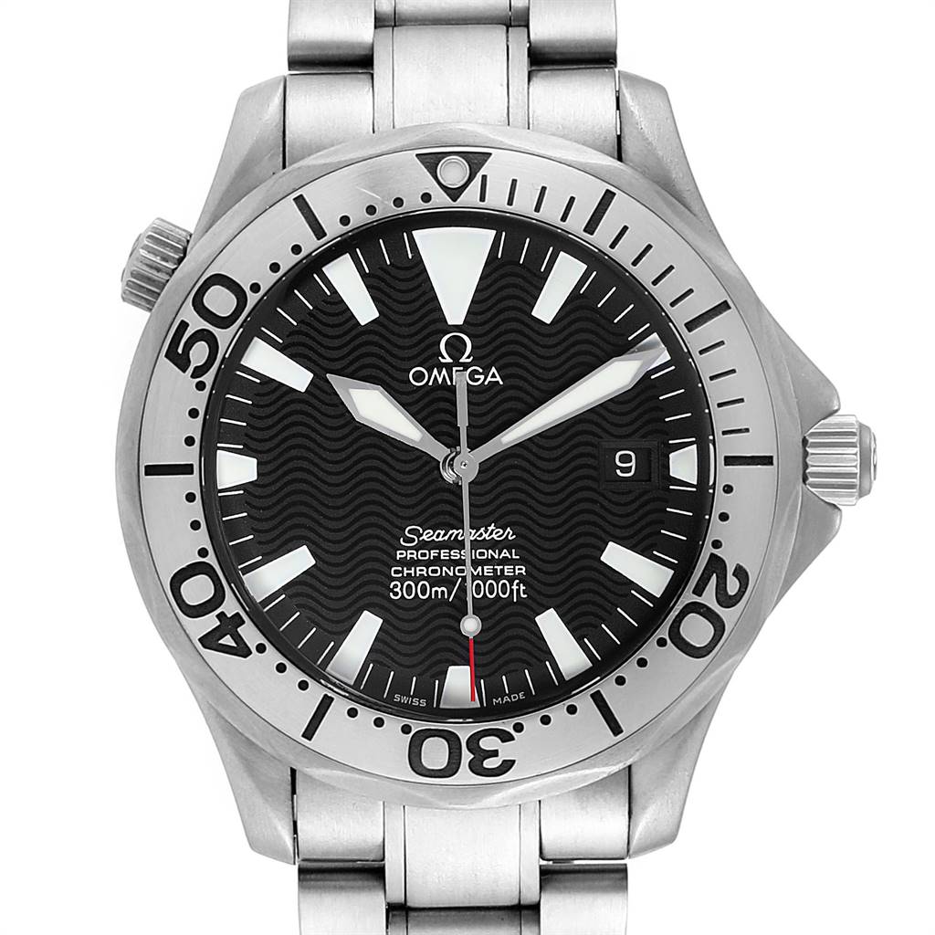 This image shows a front view of the Omega Seamaster 2231.50.00 Men's Titanium Black Dial 2231.50.00 Men's Titanium Black Dial watch, displaying its entire face and bracelet.