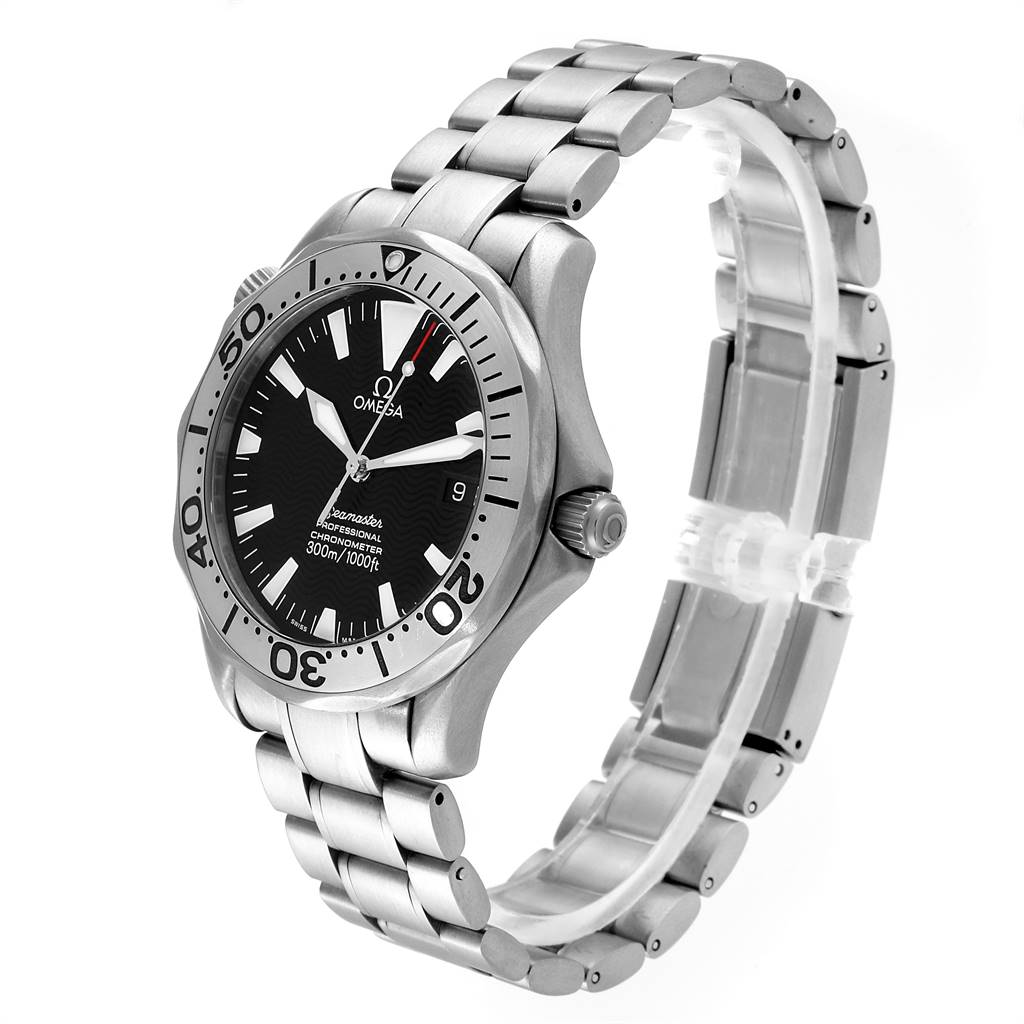 The image shows a side angle of the Omega Seamaster 2231.50.00 Men's Titanium Black Dial 2231.50.00 Men's Titanium Black Dial watch, highlighting its face, bezel, and metal bracelet.