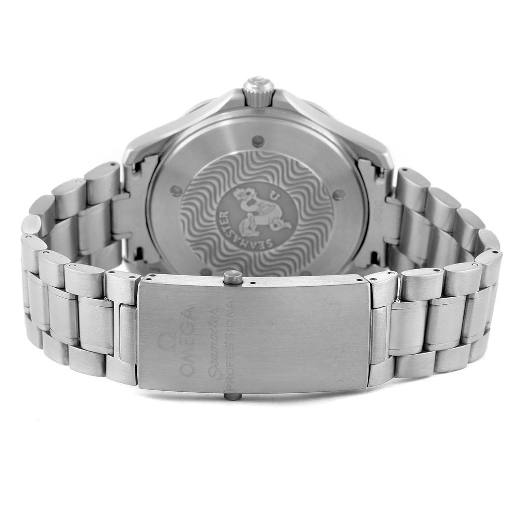 The image shows the back case and bracelet clasp of an Omega Seamaster 2231.50.00 Men's Titanium Black Dial 2231.50.00 Men's Titanium Black Dial watch, highlighting the wave pattern and branding.