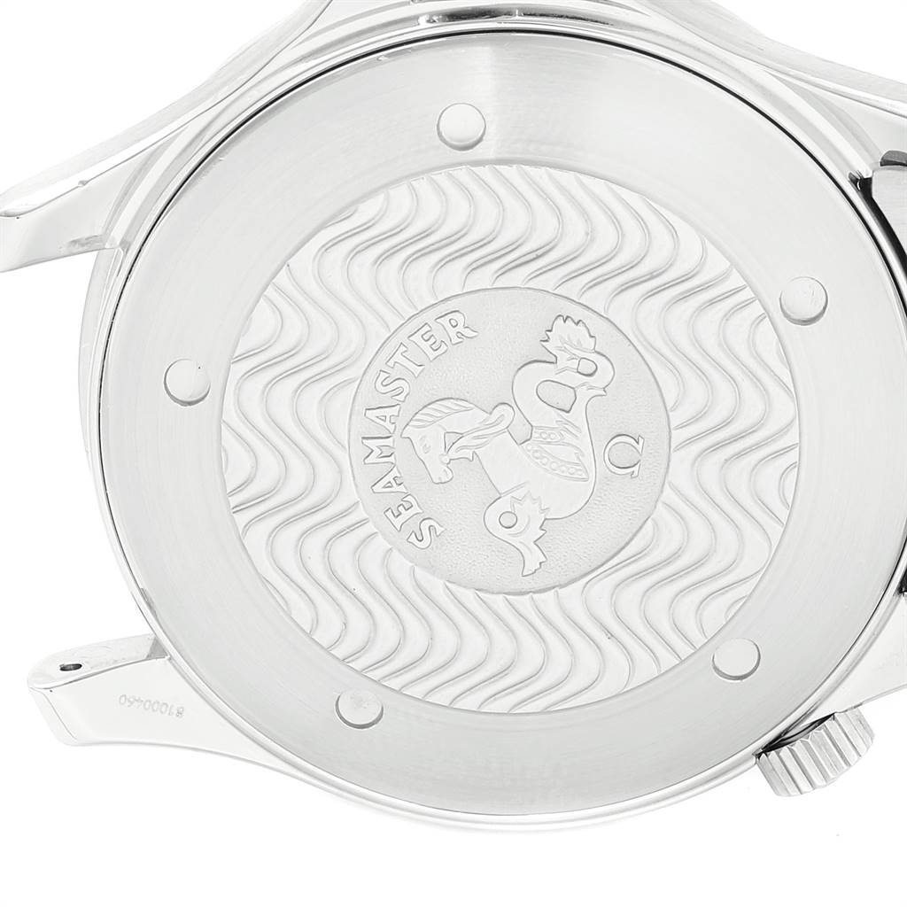 The image shows the case back of an Omega Seamaster 2254.50.00 Men
s Stainless Steel Black Dial 2254.50.00 Men
s Stainless Steel Black Dial watch, featuring engraved details and the Seamaster logo.