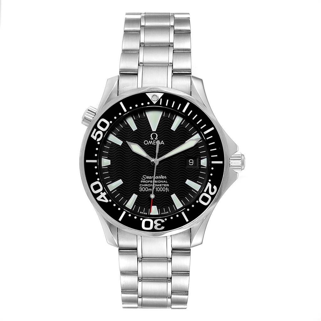 The image showcases a front view of the Omega Seamaster 2254.50.00 Men
s Stainless Steel Black Dial 2254.50.00 Men
s Stainless Steel Black Dial watch, highlighting its face, bezel, and stainless steel bracelet.