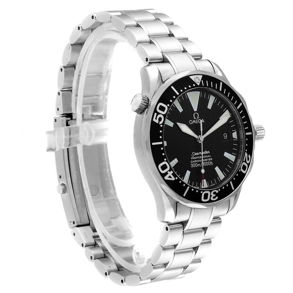The Omega Seamaster 2254.50.00 Men
s Stainless Steel Black Dial 2254.50.00 Men
s Stainless Steel Black Dial watch is shown at an angle highlighting the face, bezel, crown, and metal bracelet.