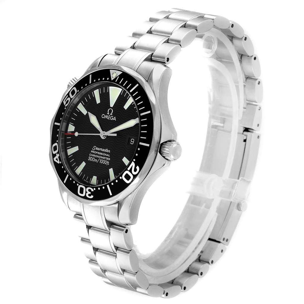 The Omega Seamaster 2254.50.00 Men
s Stainless Steel Black Dial 2254.50.00 Men
s Stainless Steel Black Dial watch is shown at a slight angle, displaying the face, bezel, and part of the metal bracelet.