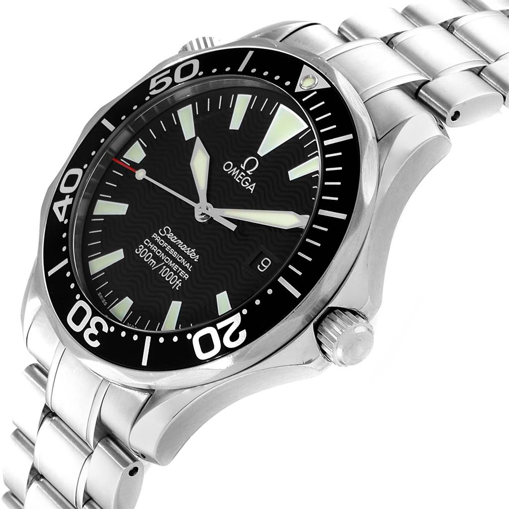 The Omega Seamaster 2254.50.00 Men
s Stainless Steel Black Dial 2254.50.00 Men
s Stainless Steel Black Dial watch is shown at an angled view, displaying its bezel, crown, dial, hands, and bracelet.