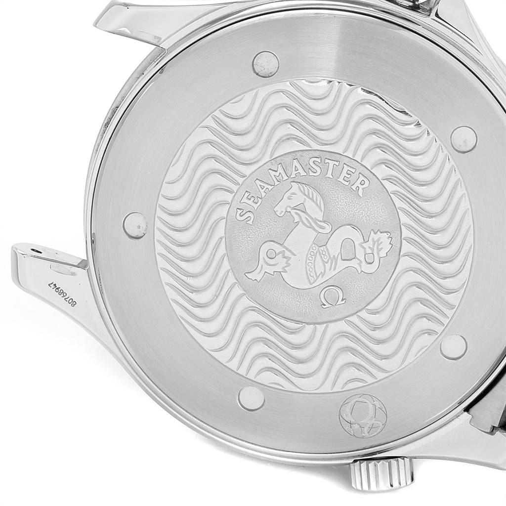 This image shows the back case of an Omega Seamaster 2531.80.00 Men
s Stainless Steel Blue Dial 2531.80.00 Men
s Stainless Steel Blue Dial watch, highlighting the engraved logo and crown.