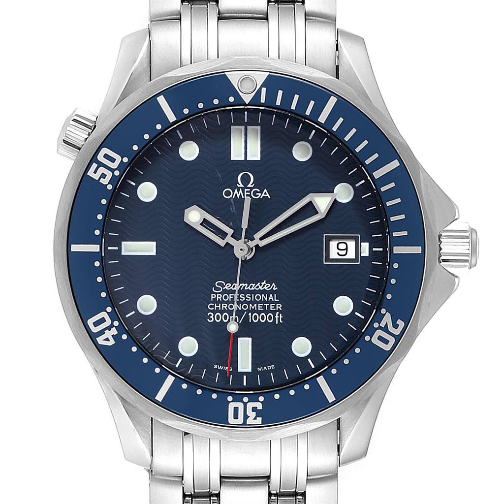 This image shows a front view of the Omega Seamaster 2531.80.00 Men
s Stainless Steel Blue Dial 2531.80.00 Men
s Stainless Steel Blue Dial watch, displaying its dial, bezel, hands, and bracelet.