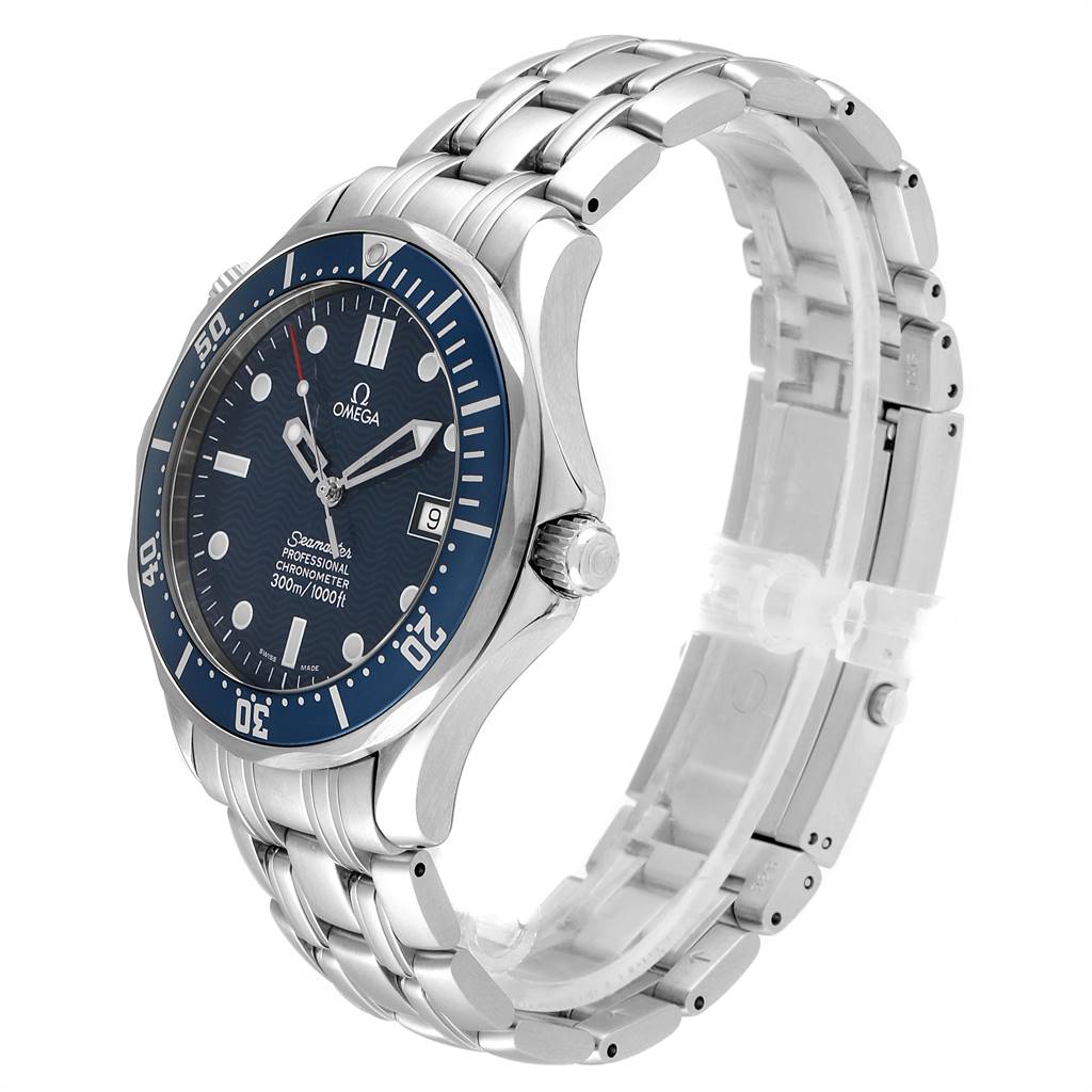 The image shows a side-angle view of the Omega Seamaster 2531.80.00 Men
s Stainless Steel Blue Dial 2531.80.00 Men
s Stainless Steel Blue Dial watch, highlighting the dial, bezel, and stainless steel bracelet.