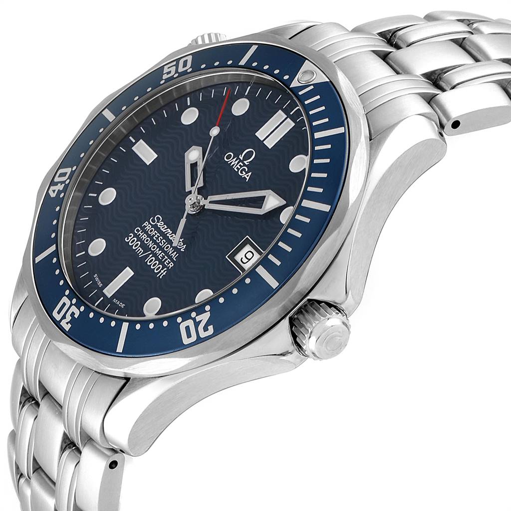 The image shows an angled side view of the Omega Seamaster 2531.80.00 Men
s Stainless Steel Blue Dial 2531.80.00 Men
s Stainless Steel Blue Dial watch, highlighting the bezel, dial, crown, and part of the stainless steel bracelet.