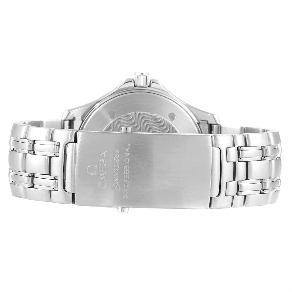 The image shows the back view of an Omega Seamaster 2531.80.00 Men
s Stainless Steel Blue Dial 2531.80.00 Men
s Stainless Steel Blue Dial watch, focusing on the closed stainless steel bracelet clasp and partial rear case.