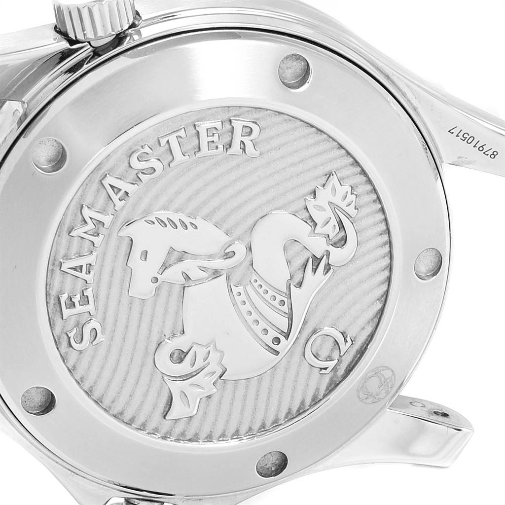 This image shows the case back of the Omega Seamaster 212.30.36.20.01.002 Men
s Stainless Steel Black Dial 212.30.36.20.01.002 Men
s Stainless Steel Black Dial watch, including its embossed logo and serial number.