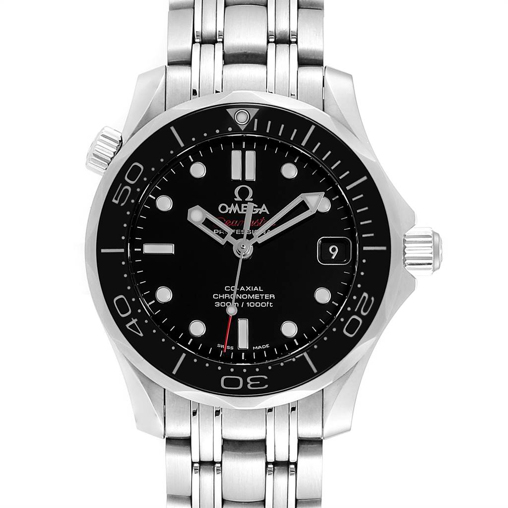 The image shows a front view of an Omega Seamaster 212.30.36.20.01.002 Men
s Stainless Steel Black Dial 212.30.36.20.01.002 Men
s Stainless Steel Black Dial watch, displaying its black dial, rotating bezel, and stainless steel bracelet.