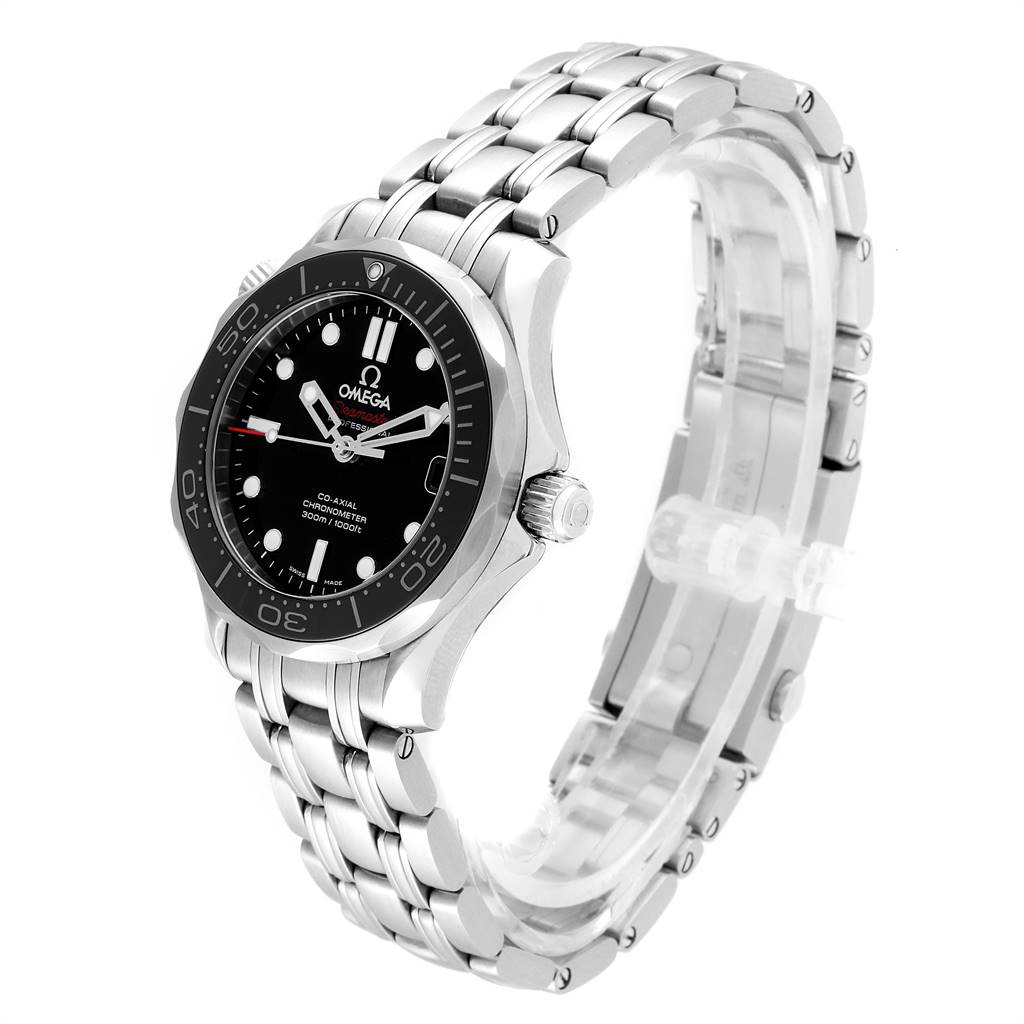 The image shows a side angle of the Omega Seamaster 212.30.36.20.01.002 Men
s Stainless Steel Black Dial 212.30.36.20.01.002 Men
s Stainless Steel Black Dial watch, featuring its face, bezel, crown, and metal bracelet.