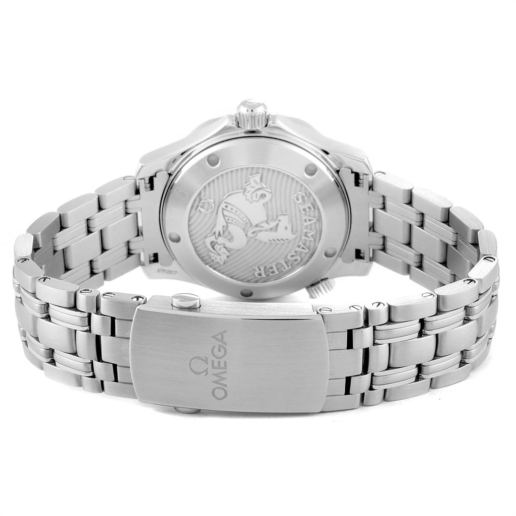 The image shows the back and bracelet of an Omega Seamaster 212.30.36.20.01.002 Men
s Stainless Steel Black Dial 212.30.36.20.01.002 Men
s Stainless Steel Black Dial watch, highlighting the clasp and caseback details.