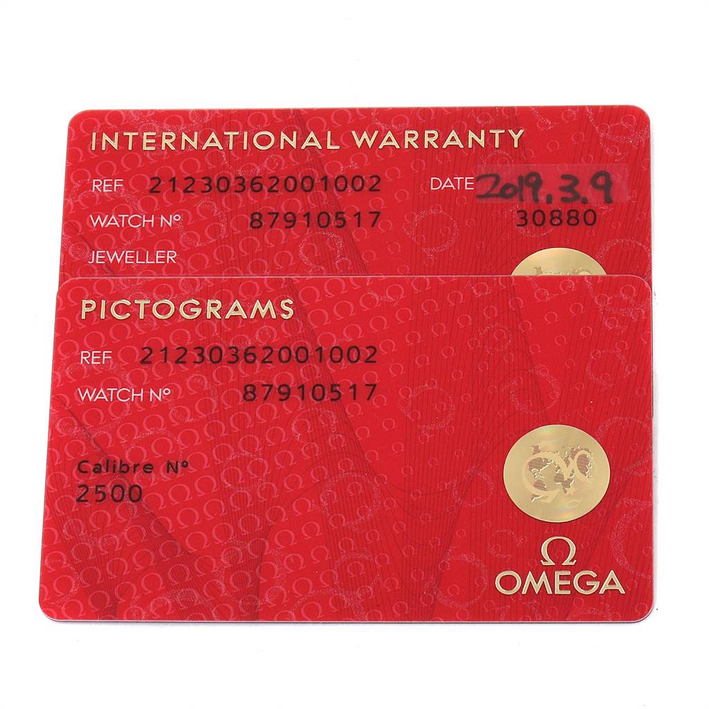 The image shows two Omega Seamaster 212.30.36.20.01.002 Men
s Stainless Steel Black Dial 212.30.36.20.01.002 Men
s Stainless Steel Black Dial model cards: an International Warranty card and a Pictograms card.