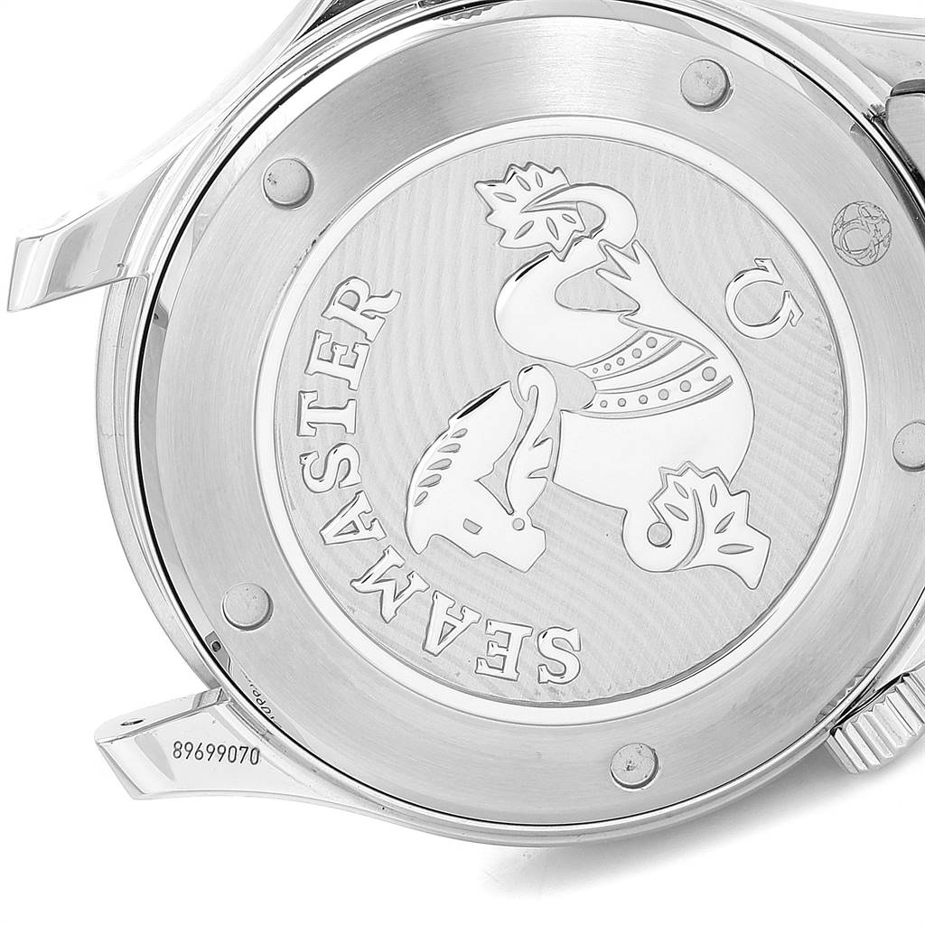 The image shows the back case of an Omega Seamaster 212.30.41.20.01.003 Men
s Stainless Steel Black Dial 212.30.41.20.01.003 Men
s Stainless Steel Black Dial watch, displaying its engraved design and serial number.