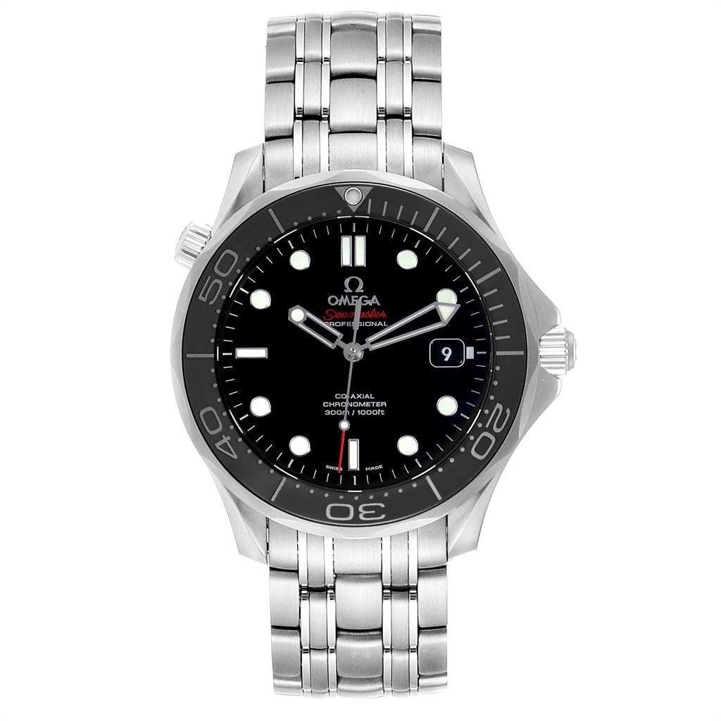 The image shows a frontal view of an Omega Seamaster 212.30.41.20.01.003 Men
s Stainless Steel Black Dial 212.30.41.20.01.003 Men
s Stainless Steel Black Dial watch, featuring its face, bezel, and metal bracelet.