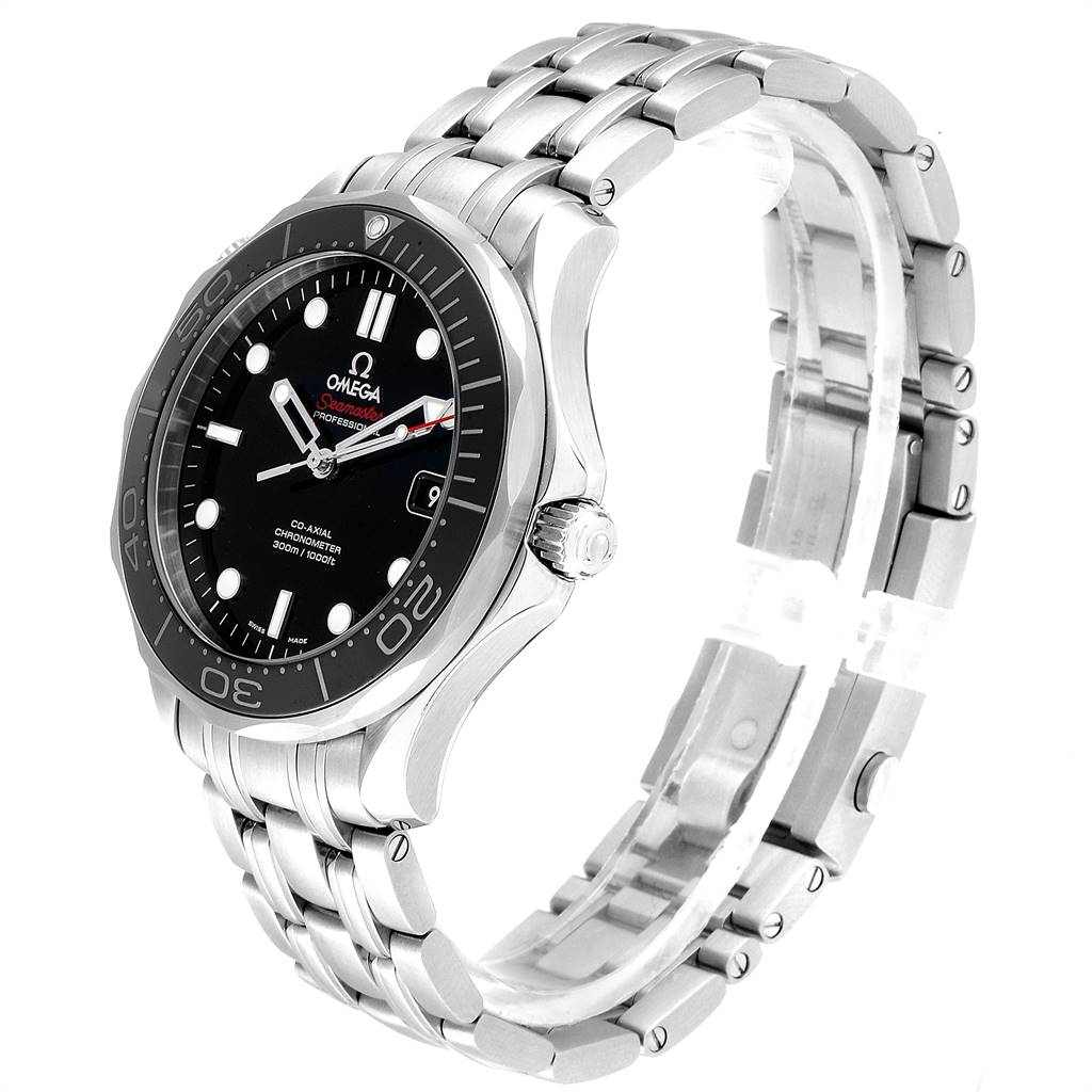 The image shows an Omega Seamaster 212.30.41.20.01.003 Men
s Stainless Steel Black Dial 212.30.41.20.01.003 Men
s Stainless Steel Black Dial watch at a 3/4 angle, highlighting the face, bezel, crown, and bracelet.