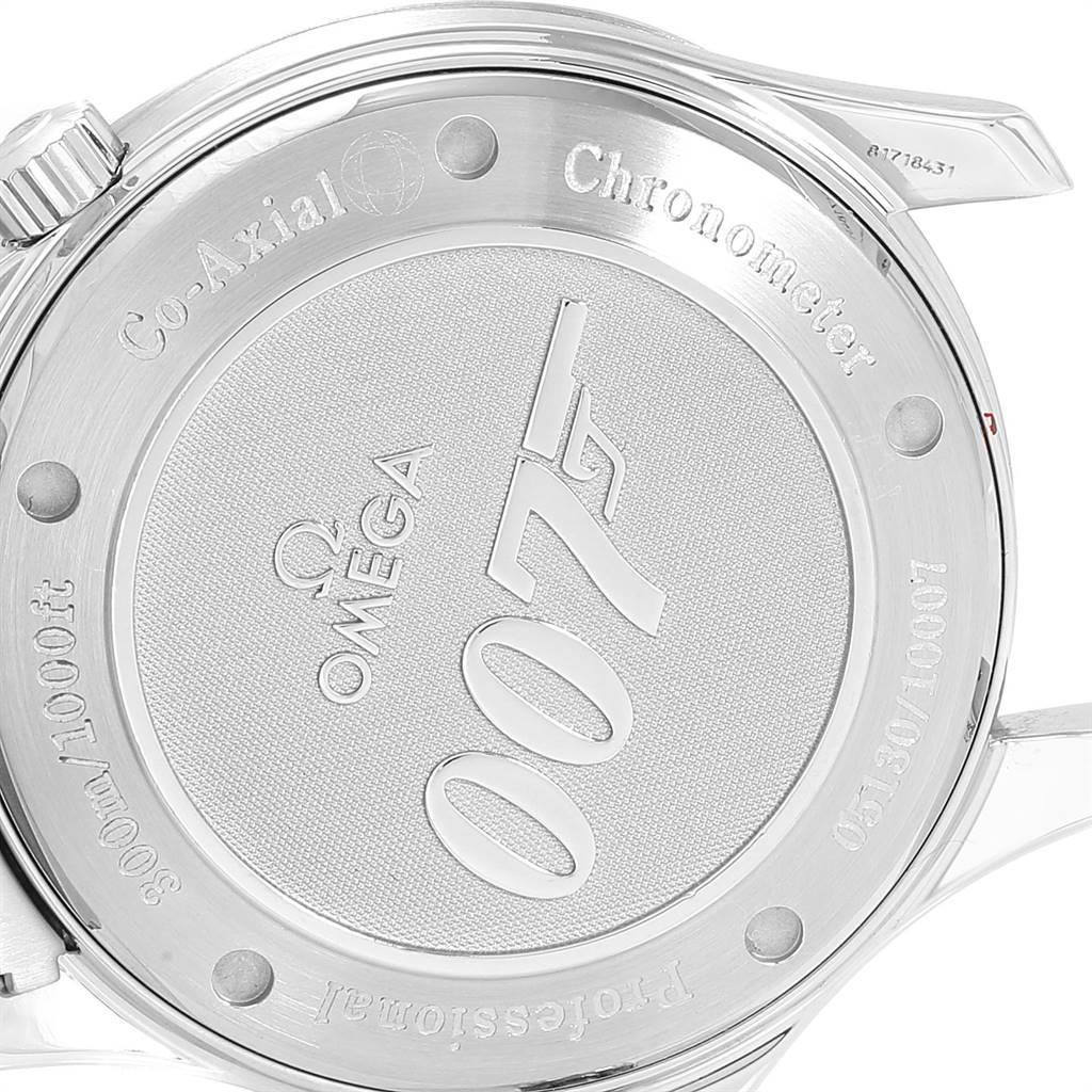 The image shows the back case of an Omega Seamaster 2226.80.00 Men's Stainless Steel Blue Dial 2226.80.00 Men's Stainless Steel Blue Dial watch, featuring the 007 logo and engraving details.