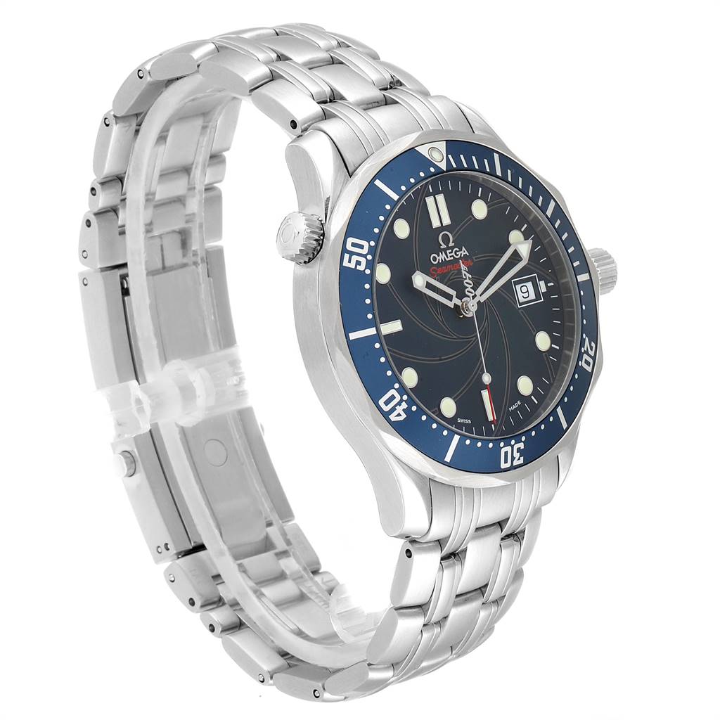 The image shows an Omega Seamaster 2226.80.00 Men's Stainless Steel Blue Dial 2226.80.00 Men's Stainless Steel Blue Dial watch at a three-quarter angle, displaying its face, bezel, crown, and bracelet.