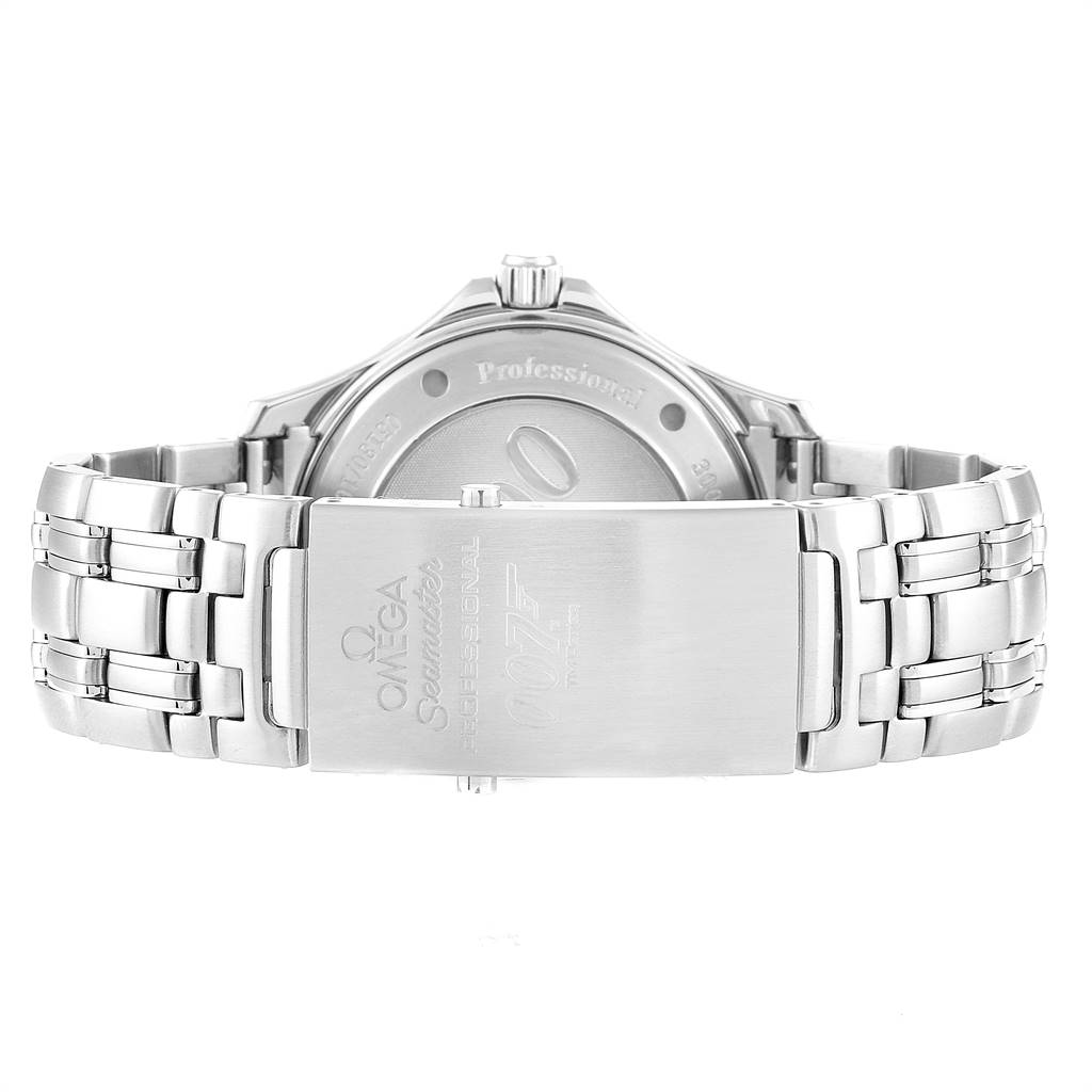 The image shows the back view of an Omega Seamaster 2226.80.00 Men's Stainless Steel Blue Dial 2226.80.00 Men's Stainless Steel Blue Dial watch, focusing on the clasp and part of the bracelet.