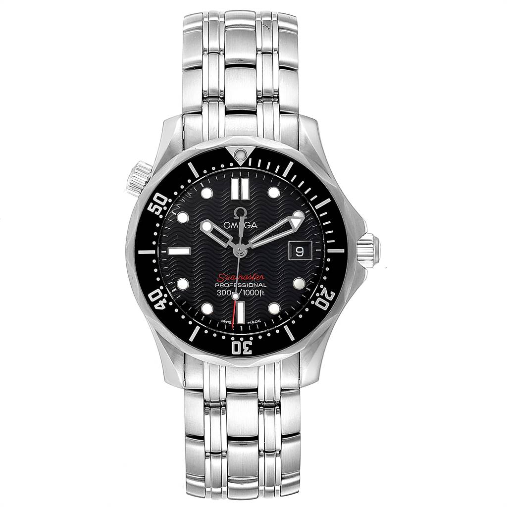 The image shows a front view of the Omega Seamaster 212.30.36.61.01.001 Men
s Stainless Steel Black Dial 212.30.36.61.01.001 Men
s Stainless Steel Black Dial watch, displaying its dial, bezel, and metal bracelet.