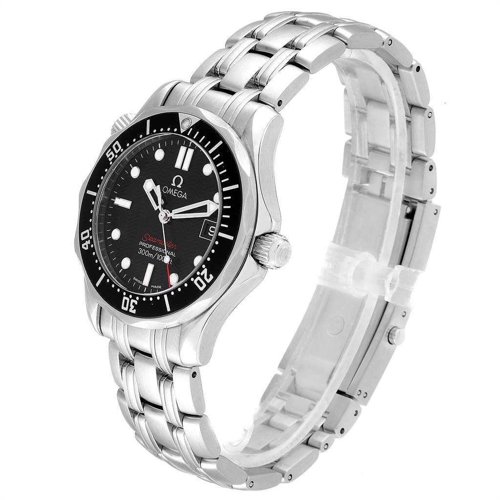 The Omega Seamaster 212.30.36.61.01.001 Men
s Stainless Steel Black Dial 212.30.36.61.01.001 Men
s Stainless Steel Black Dial watch is shown from an angle highlighting the black dial, bezel, and stainless steel bracelet.