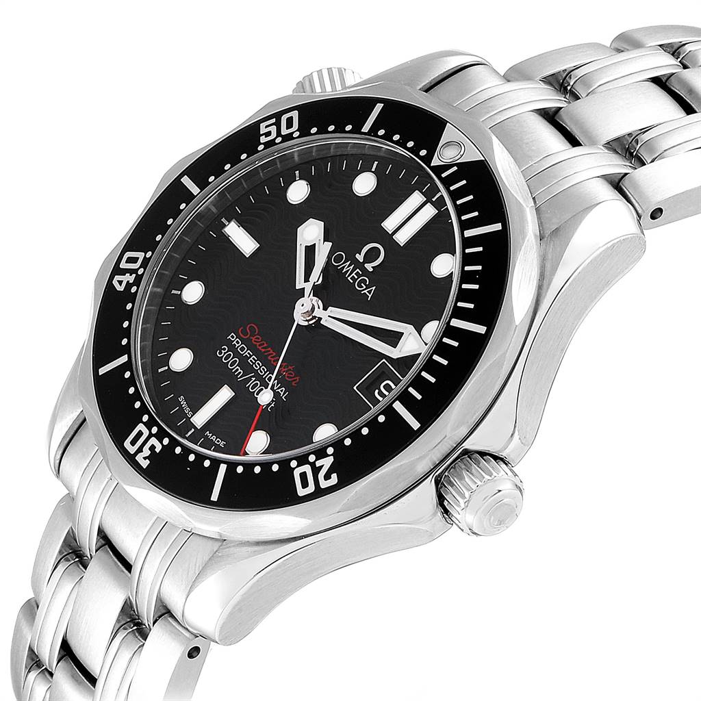The image shows an angled view of an Omega Seamaster 212.30.36.61.01.001 Men
s Stainless Steel Black Dial 212.30.36.61.01.001 Men
s Stainless Steel Black Dial watch, displaying its dial, bezel, crown, and part of the bracelet.