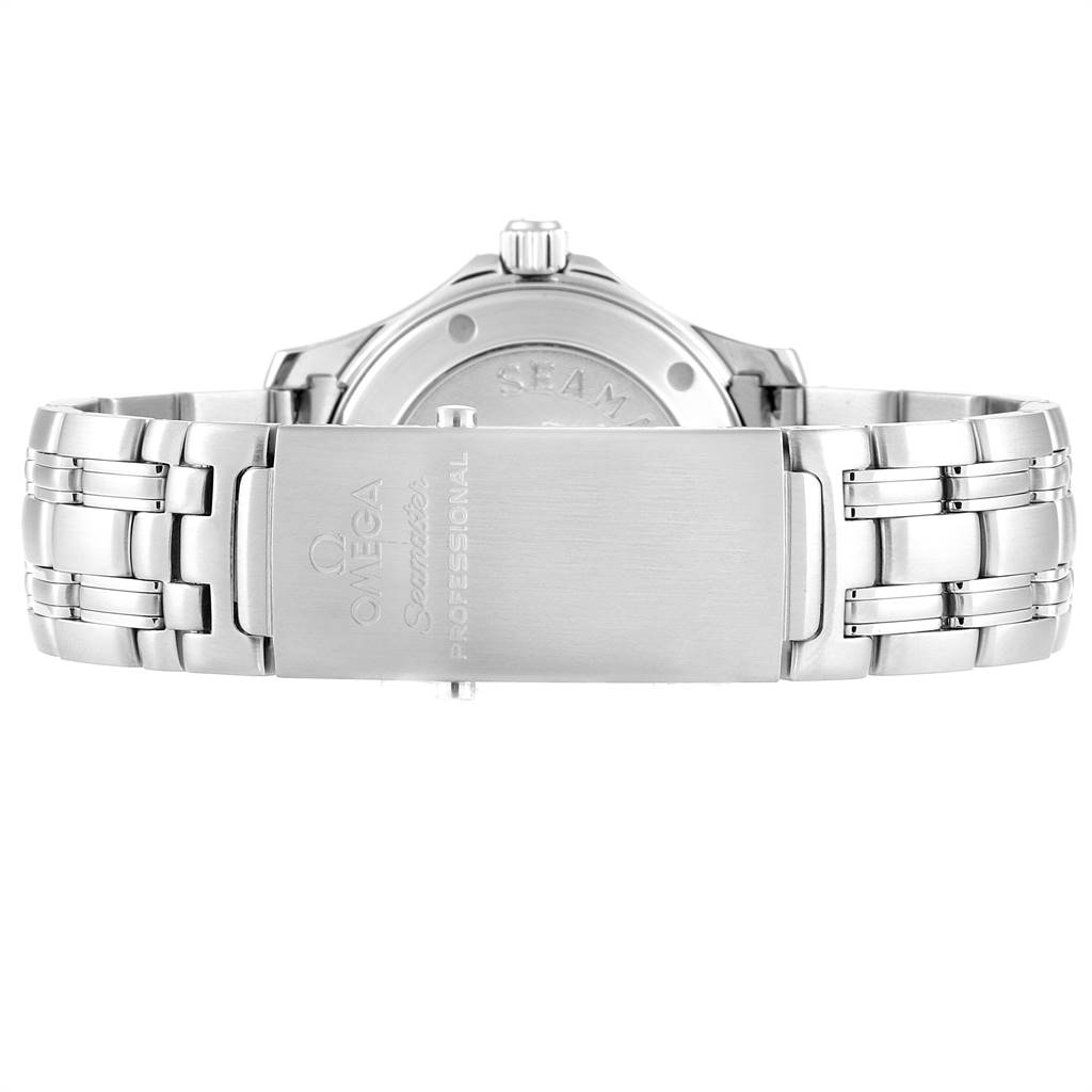 The image shows the clasp and case back of an Omega Seamaster 212.30.36.61.01.001 Men
s Stainless Steel Black Dial 212.30.36.61.01.001 Men
s Stainless Steel Black Dial watch viewed from the back.