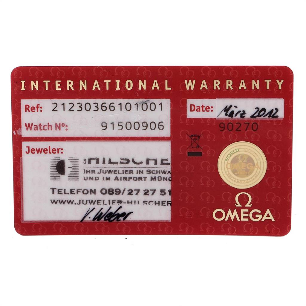 The image shows an International Warranty card for the Omega Seamaster 212.30.36.61.01.001 Men
s Stainless Steel Black Dial 212.30.36.61.01.001 Men
s Stainless Steel Black Dial model.