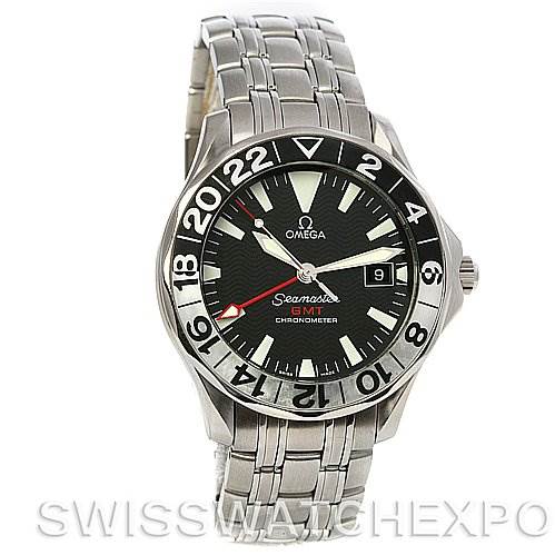 The image shows an Omega Seamaster 25345000 Men's Stainless Steel Black Dial 25345000 Men's Stainless Steel Black Dial model watch from the front, highlighting its face, bezel, and bracelet.