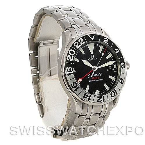 This Omega Seamaster 25345000 Men's Stainless Steel Black Dial 25345000 Men's Stainless Steel Black Dial watch is shown from a three-quarter angle, highlighting its face, bezel, and bracelet.
