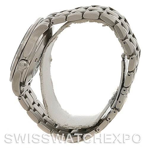 The image shows a side view of the Omega Seamaster 25345000 Men's Stainless Steel Black Dial 25345000 Men's Stainless Steel Black Dial watch, highlighting the case and metal bracelet.