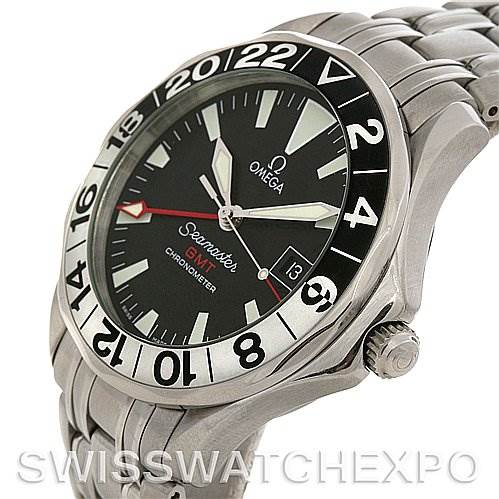 The image shows an Omega Seamaster 25345000 Men's Stainless Steel Black Dial 25345000 Men's Stainless Steel Black Dial watch from an angled side view, displaying the bezel, dial, crown, and part of the bracelet.