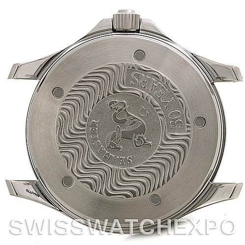 This image shows the back case of the Omega Seamaster 25345000 Men's Stainless Steel Black Dial 25345000 Men's Stainless Steel Black Dial, featuring its engraved design and logo.