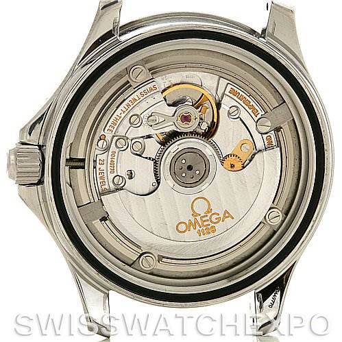 This image shows the back view of an Omega Seamaster 25345000 Men's Stainless Steel Black Dial 25345000 Men's Stainless Steel Black Dial watch, showcasing its internal movement and mechanics.