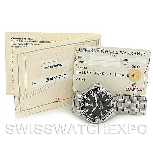The image shows an Omega Seamaster 25345000 Men's Stainless Steel Black Dial 25345000 Men's Stainless Steel Black Dial watch, warranty cards, and documentation from a front angle.