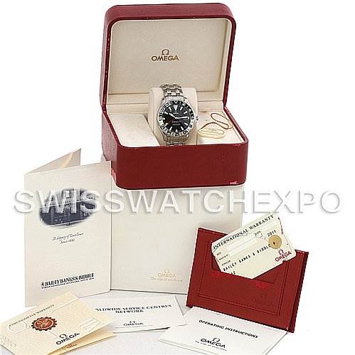 The image shows an Omega Seamaster 25345000 Men's Stainless Steel Black Dial 25345000 Men's Stainless Steel Black Dial watch with its box, warranty card, and accompanying booklets.