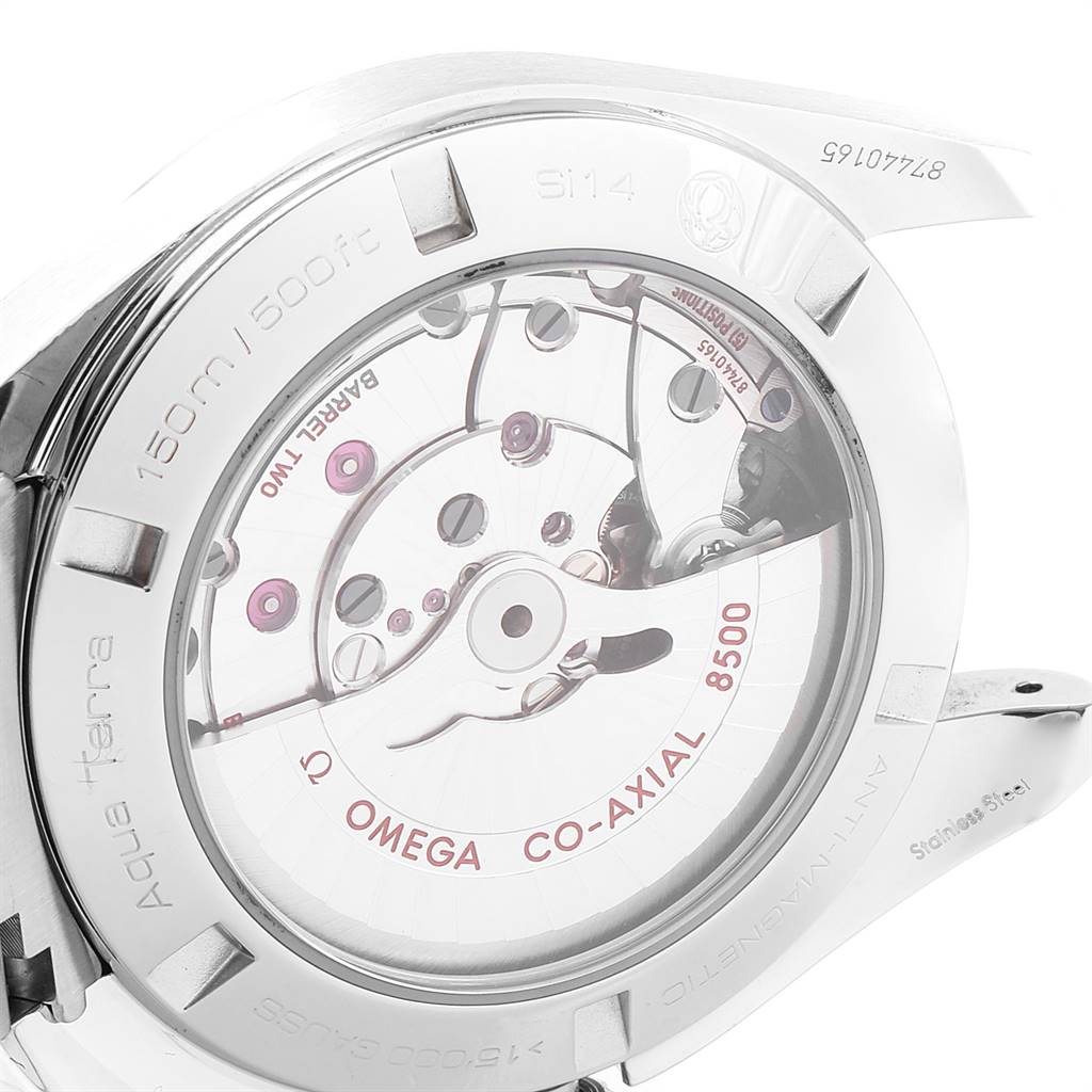 The image shows the case back of the Omega Aqua Terra 231.10.42.21.02.003 Men's Stainless Steel Silver Dial 231.10.42.21.02.003 Men's Stainless Steel Silver Dial watch, featuring its Co-Axial 8500 movement.