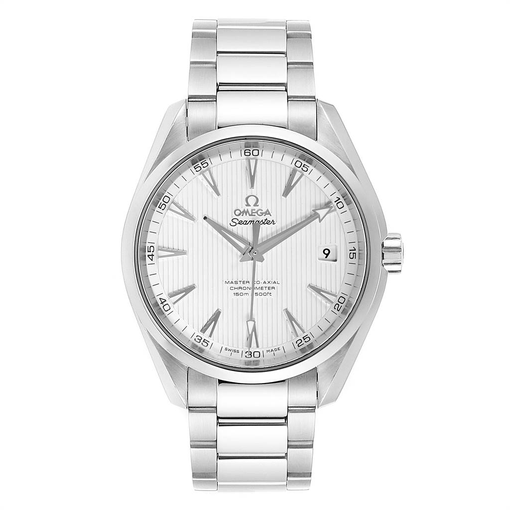 The image shows a frontal view of the Omega Aqua Terra 231.10.42.21.02.003 Men's Stainless Steel Silver Dial 231.10.42.21.02.003 Men's Stainless Steel Silver Dial watch, displaying the dial, bracelet, and crown.