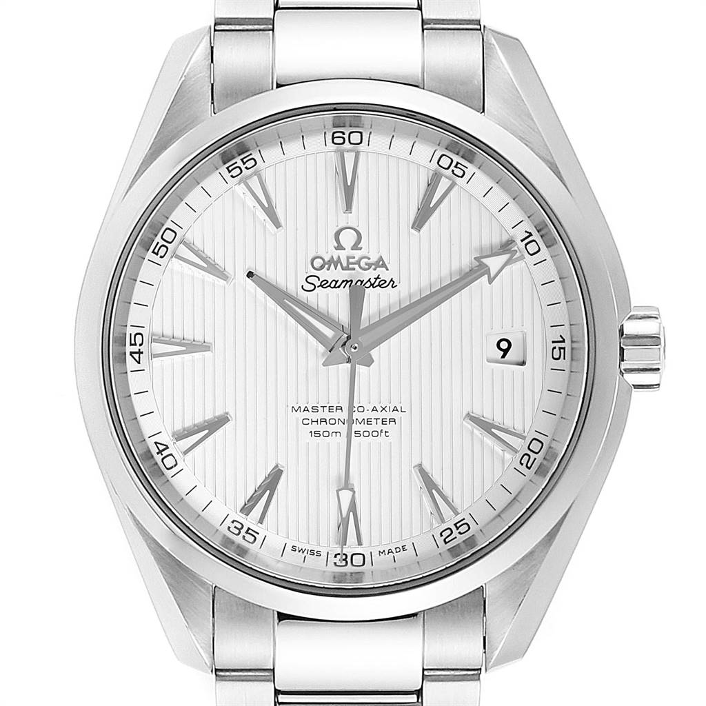 The image shows a front view of the Omega Aqua Terra 231.10.42.21.02.003 Men's Stainless Steel Silver Dial 231.10.42.21.02.003 Men's Stainless Steel Silver Dial watch, displaying the face, hour markers, hands, and a portion of the bracelet.