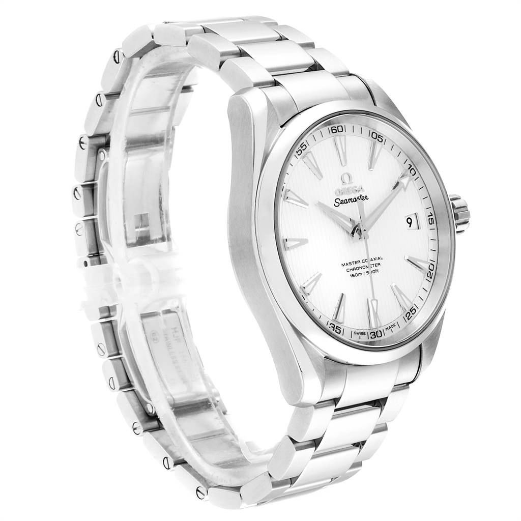 The image shows a side angle of the Omega Aqua Terra 231.10.42.21.02.003 Men's Stainless Steel Silver Dial 231.10.42.21.02.003 Men's Stainless Steel Silver Dial watch, highlighting its stainless steel bracelet and white dial.