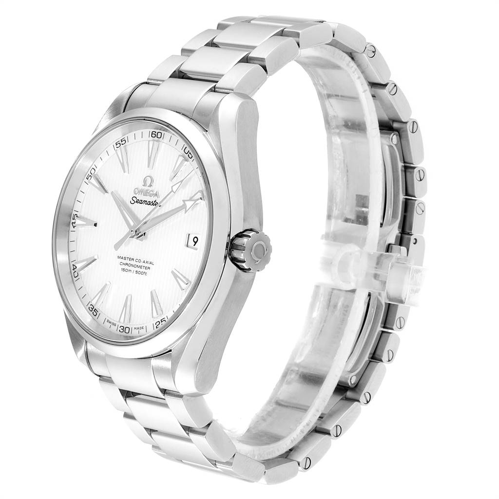 The image shows an angled front view of the Omega Aqua Terra 231.10.42.21.02.003 Men's Stainless Steel Silver Dial 231.10.42.21.02.003 Men's Stainless Steel Silver Dial watch, highlighting the dial, bezel, and bracelet.