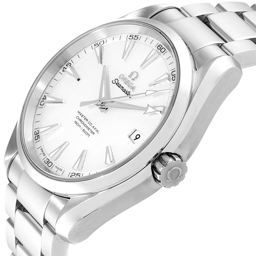 The Omega Aqua Terra 231.10.42.21.02.003 Men's Stainless Steel Silver Dial 231.10.42.21.02.003 Men's Stainless Steel Silver Dial watch is shown from a top-side angle, highlighting its face, bezel, crown, and part of the bracelet.