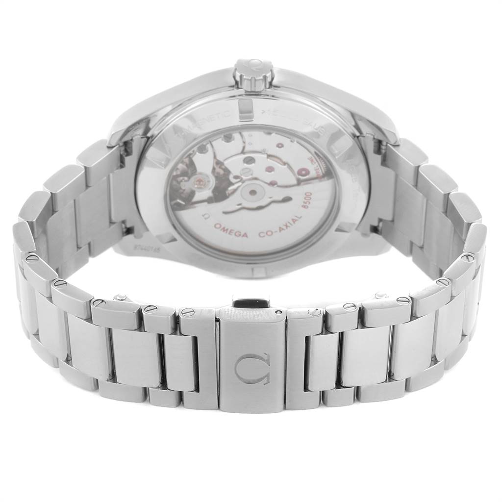 The image shows the back view of an Omega Aqua Terra 231.10.42.21.02.003 Men's Stainless Steel Silver Dial 231.10.42.21.02.003 Men's Stainless Steel Silver Dial watch, highlighting the clasp and the movement mechanism.