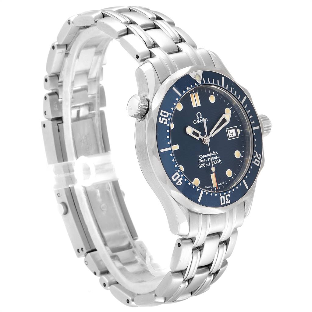 The Omega Seamaster 2561.80.00 Men
s Stainless Steel Blue Dial 2561.80.00 Men
s Stainless Steel Blue Dial watch is shown at a slight angle, displaying the face, bezel, crown, and metal bracelet.