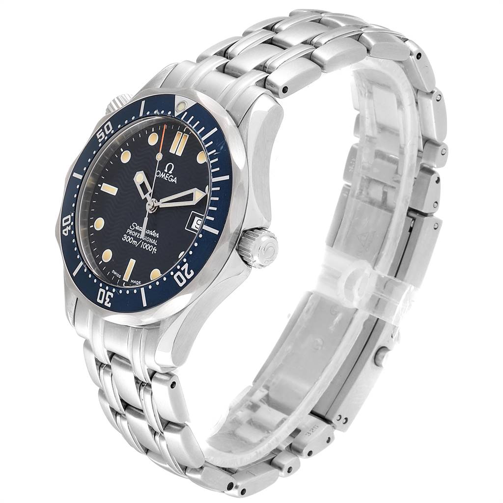 The image shows a side angle view of an Omega Seamaster 2561.80.00 Men
s Stainless Steel Blue Dial 2561.80.00 Men
s Stainless Steel Blue Dial watch, highlighting the face, bezel, crown, and metal bracelet.