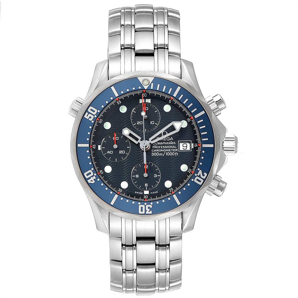The Omega Seamaster 2599.80.00 Men
s Stainless Steel Blue Dial 2599.80.00 Men
s Stainless Steel Blue Dial watch is shown from the front, displaying its dial, bezel, and stainless steel bracelet.